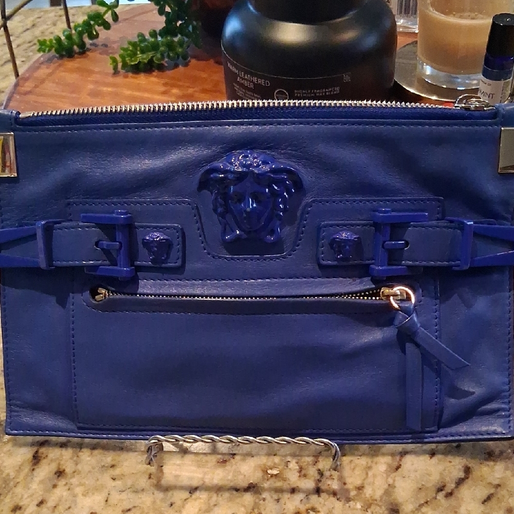 Versace Blue Clutch with Silver Hardware